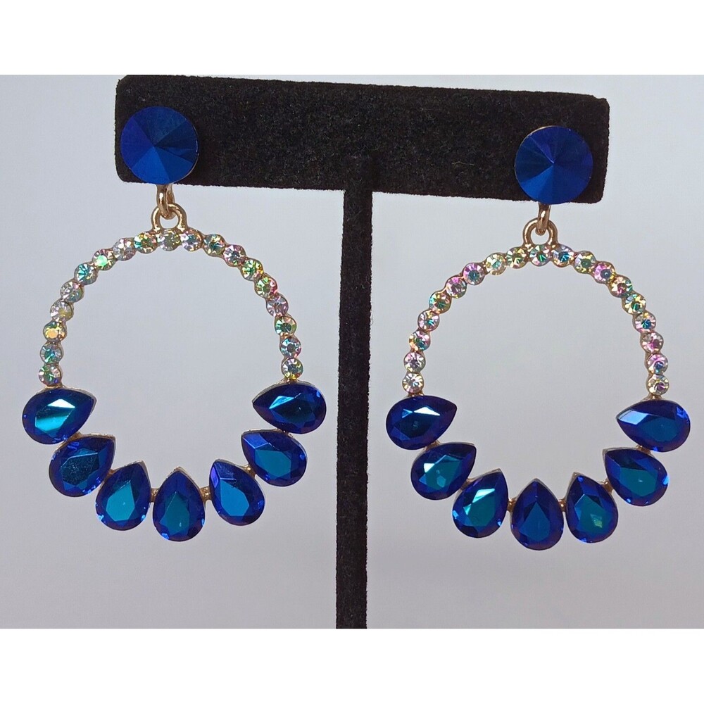 Goldtone Royal Blue Rivioli & AB Rhinestone Statement Earrings 2.5 in
